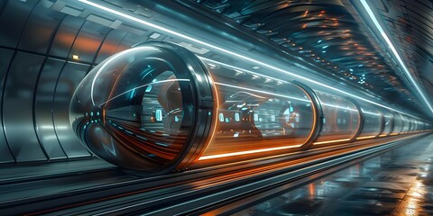 High-speed vacuum tube transportation system propels sleek pods at  mph for sustainable travel. Concept Vacuum Tube Transportation, High-speed Pods, Sustainable Travel - obrazy, fototapety, plakaty