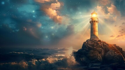As dusk falls, a steadfast lighthouse beams light across stormy seas, offering guidance amidst a backdrop of a starry twilight sky.