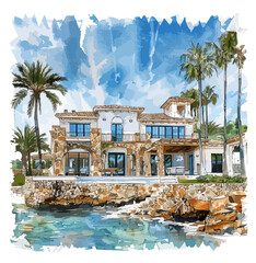 Moderne Mediterran Finca Immobilie Urlaub Architektur Villa Ferienhaus Wasserfarben - obrazy, fototapety, plakaty
