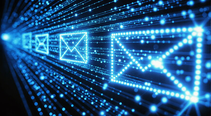 Digital email information goes through electric data cables and optical fibres with lights purple lights