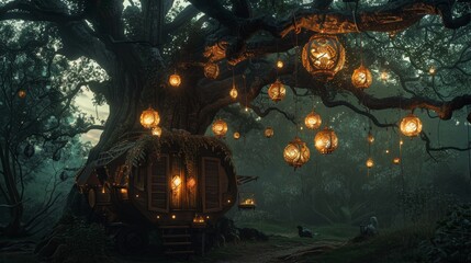 A magical caravan adorned with glowing lanterns sits beneath an ancient tree in a mystical forest, inviting wonder and adventure.