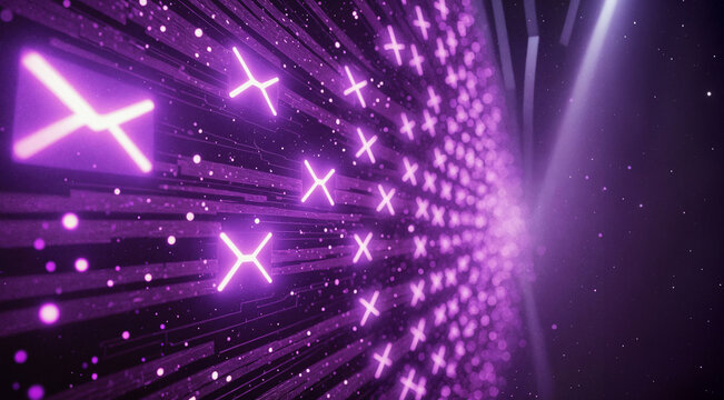 Digital email information goes through electric data cables and optical fibres with lights purple lights