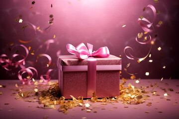 box with gold ribbon gift St Valentines сreated with Generative Ai - obrazy, fototapety, plakaty