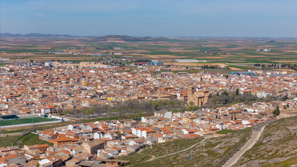 Aerial drone view of the Spanish town named Consuegra