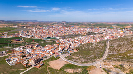 Aerial drone view of the Spanish town named Consuegra