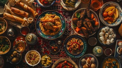 Arabic Cuisine:Middle Eastern desserts. Delicious collection of Ramadan traditional desserts. Served with tasty nuts, dried fruits,honey syrup and oriental tea.Top view with close up.