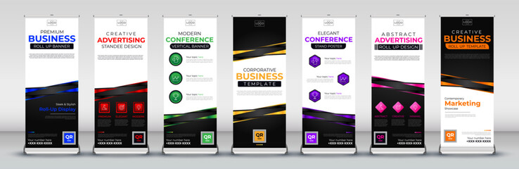 modern line roll up banner design for events, meetings, presentations in blue, red, green, yellow, purple, pink and orange colours - obrazy, fototapety, plakaty