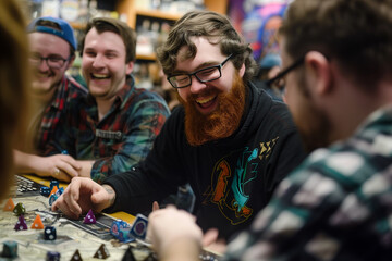 Friends playing role playing games, geeks laughing and having a nice time in a board game of dice rolling and role playing - obrazy, fototapety, plakaty
