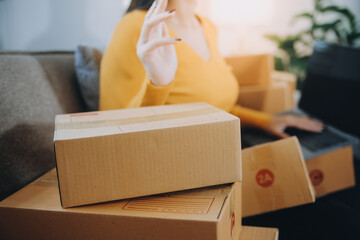 Fototapeta na wymiar Startup small business entrepreneur or freelance Asian woman using a laptop with box, Young success Asian woman with her hand lift up, online marketing packaging box and delivery, SME concept.