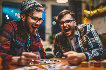 Geeks playing a fantasy card game, laughing and having fun with a fan board game - obrazy, fototapety, plakaty