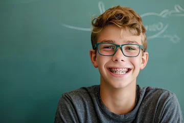 Fotobehang Know-it-all school nerd, copy space of smart geek kid in glasses and gadget at blackboard with smile © Simn