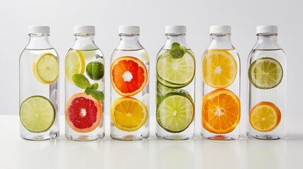 Row of Glass Bottles Filled With Different Types of Fruit