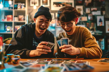 Geeks playing a fantasy card game, two young Asian friends excited about the collectibles they like - obrazy, fototapety, plakaty