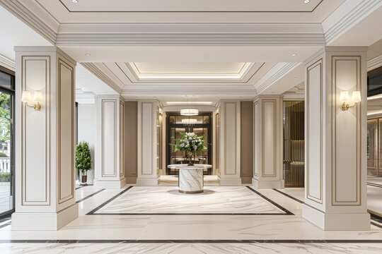 the entrance front view of building with clean lobby can be seen through the glass doors professional photography