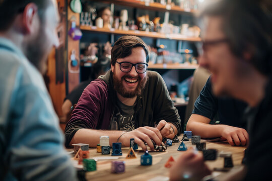 Friends playing role-playing games, geeks rolling dice in role-playing games at home