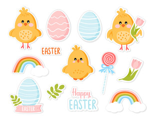 Set of Easter cute chickens with painted eggs. Vector illustration