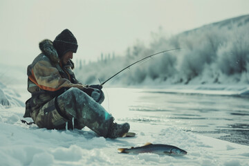 winter ice fishing - obrazy, fototapety, plakaty
