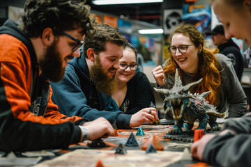 Friends playing role-playing games, geeks playing dice and dragons at a local boardgame store