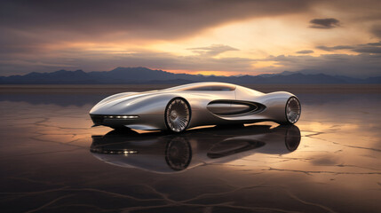 a silver sports car on a reflective surface
