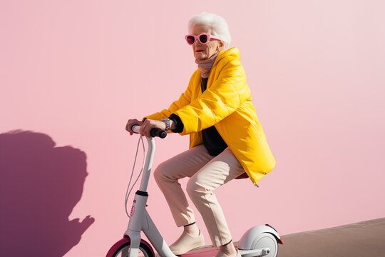 Smiling happy cool gray haired old senior woman In a yellow jacket on scooter moves on pink background. Older people freedom spirit concept