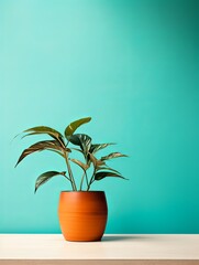 Potted plant on table in front of cyan wall, in the style of minimalist backgrounds, exotic