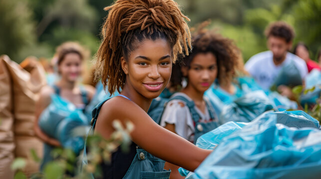 Youthful woman volunteers in community clean-up, promoting environmental care.