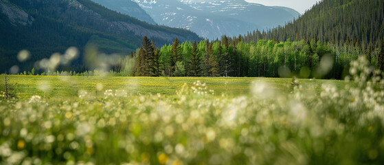 A photo of a tranquil alpine meadow, with wildflowers in full bloom as the background, during spring, with empty copy space