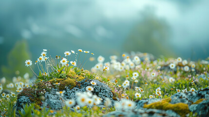 A photo of a tranquil alpine meadow, with wildflowers in full bloom as the background, during spring, with empty copy space - obrazy, fototapety, plakaty