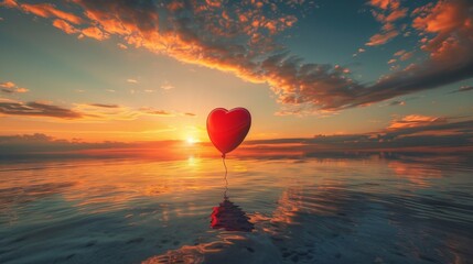 Fototapeta premium A realistic red heart-shaped balloon gently floats on the tranquil ocean waters during a serene sunset.