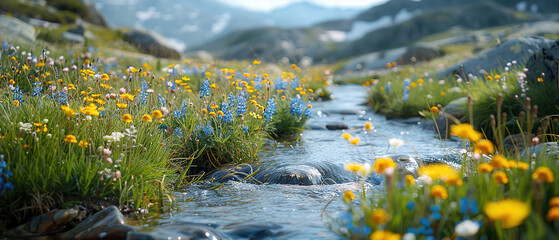 A photo of a tranquil alpine meadow, with wildflowers in full bloom as the background, during spring, with empty copy space