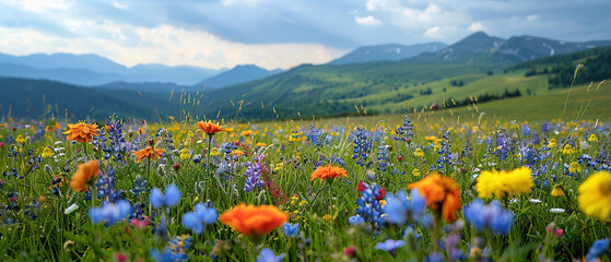 A photo of a tranquil alpine meadow, with wildflowers in full bloom as the background, during spring, with empty copy space