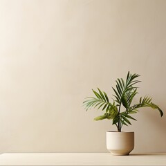 Potted plant on table in front of ivory wall, in the style of minimalist backgrounds, exotic