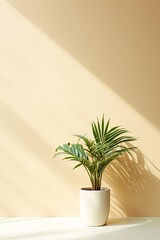 Potted plant on table in front of khaki wall, in the style of minimalist backgrounds, exotic