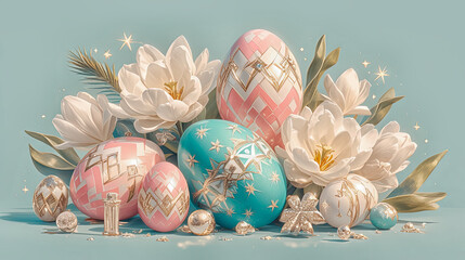 Painted Easter eggs and white tulips on grey background.
