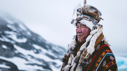 The portrait of an old Greenlander dressed in traditional clothing represents a deep connection to the Arctic landscape and the rich traditions of the Inuit people - obrazy, fototapety, plakaty