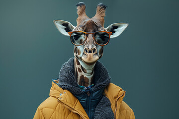 a playful and youthful image of a giraffe wearing glasses, a jacket, and sunglasses. this realistic 