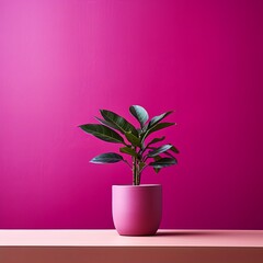 Potted plant on table in front of magenta wall, in the style of minimalist backgrounds, exotic