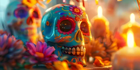Fotobehang Mexican day of dead  background, bright background, copy space. © Nim