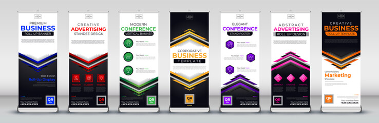 abstract triangle up and down roll up banner design for events, meetings, presentations in blue, red, green, yellow, purple, pink and orange colours