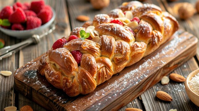 Freshly baked sweet braided bread loaf with fruit fillings and almond slices on wooden background. Traditional Easter celeration dessert.