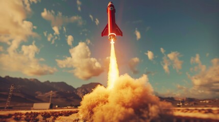 A red rocket is seen taking off into the sky, leaving a trail of smoke behind as it propels upwards with powerful force. The sky is clear and the rocket is the main focus of the scene. - obrazy, fototapety, plakaty