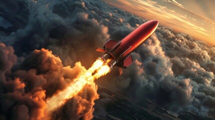 A bright red rocket is seen flying through a sky filled with fluffy white clouds, leaving a trail of smoke behind. The rocket appears to be ascending into the atmosphere, propelled by powerful engines - obrazy, fototapety, plakaty