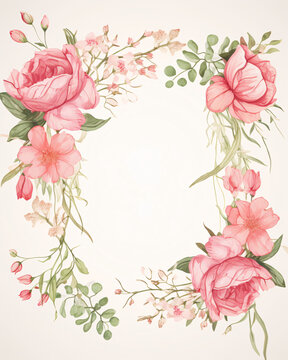 Wedding invitation or Mother's Day background, empty space surrounded with flowers, top view peonies