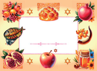 Art & IllusA set of traditional products for the holiday of Rosh Hashanah. horizontal format for cards, congratulations. Fish, pomegranate, apple, challah, honey, shafar, star of David.tration