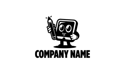 artistic mascot character logo, smart device , pencil  black and white mascot logo icon,astistic cartoon logo