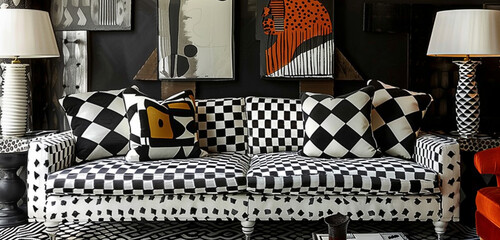 High-contrast black and white sofa, geometric patterns, striking focal point.