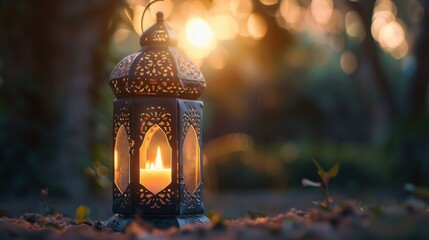 Muslim Holy Month Ramadan Kareem - Ornamental Arabic Lantern With Burning Candle Glowing At Evening  - obrazy, fototapety, plakaty
