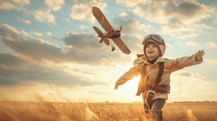 A young boy, dressed in a historical plane costume, plays gleefully with a toy airplane, imagining...