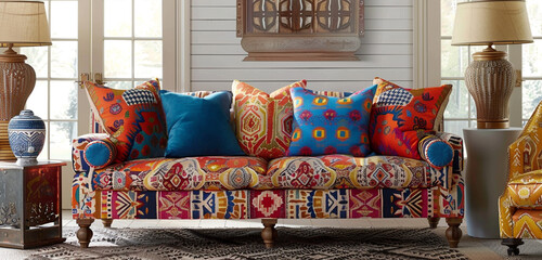Globally inspired sofa, ethnic prints, bold colors, textured fabrics.