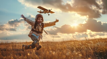 A young girl is energetically running through a field, with an airplane flying high in the sky...